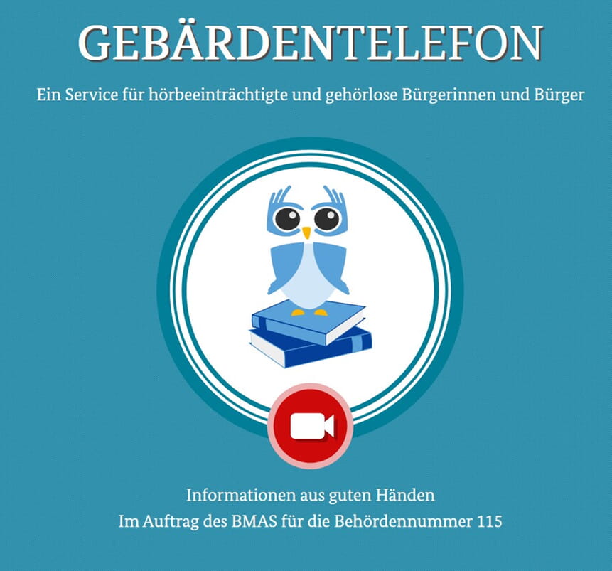 Logo "Gebärdentelefon": blauer Vogel auf Büchern, rotes Videosymbol, Text "Informationen aus guten Händen".